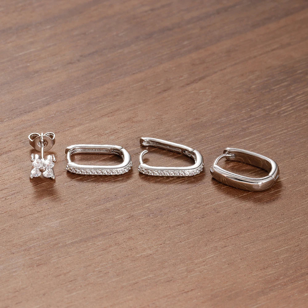 ✨ Lot de 4 boucles d’oreilles créoles en U pour femme – Acier inoxydable, zircon brillant✨