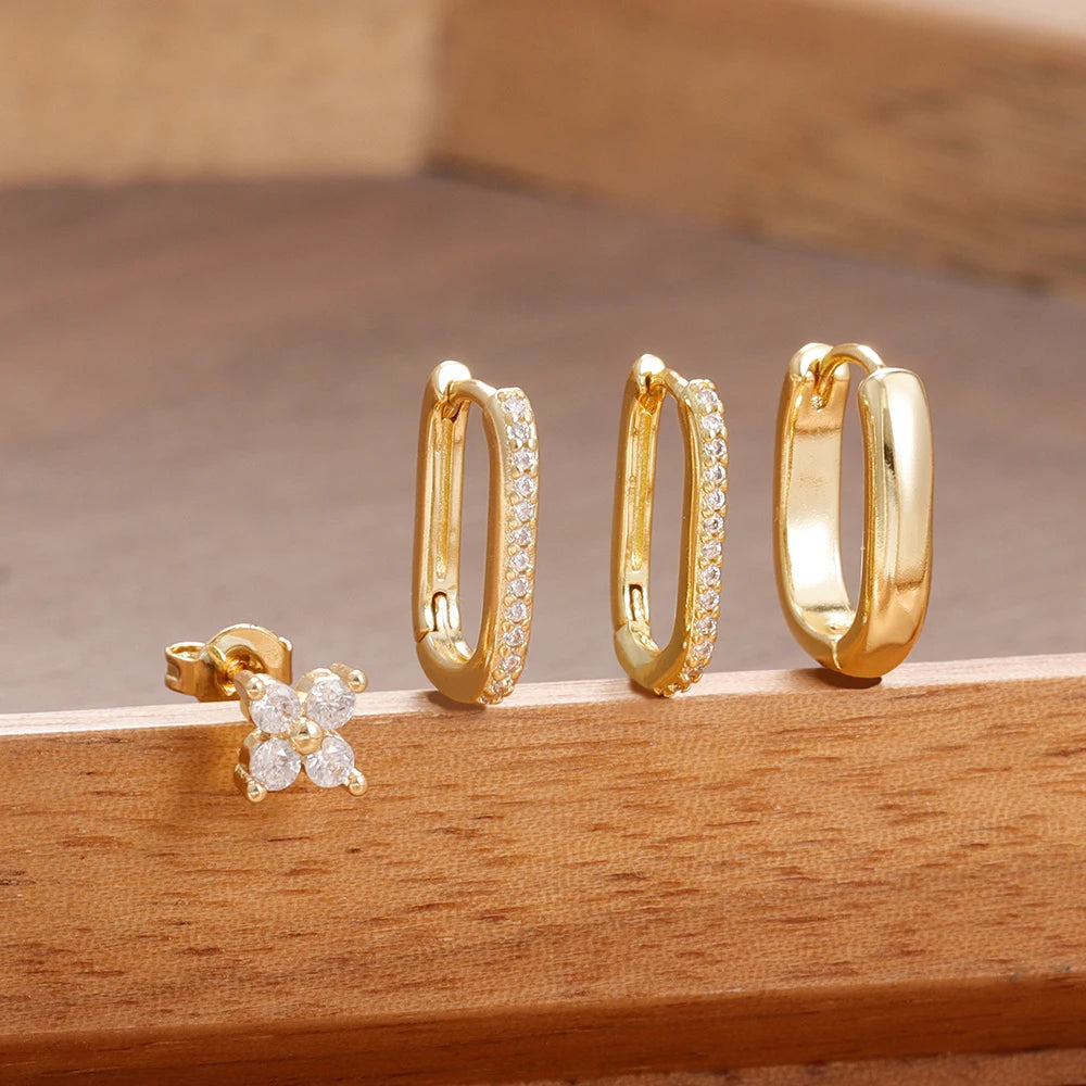 ✨ Lot de 4 boucles d’oreilles créoles en U pour femme – Acier inoxydable, zircon brillant✨