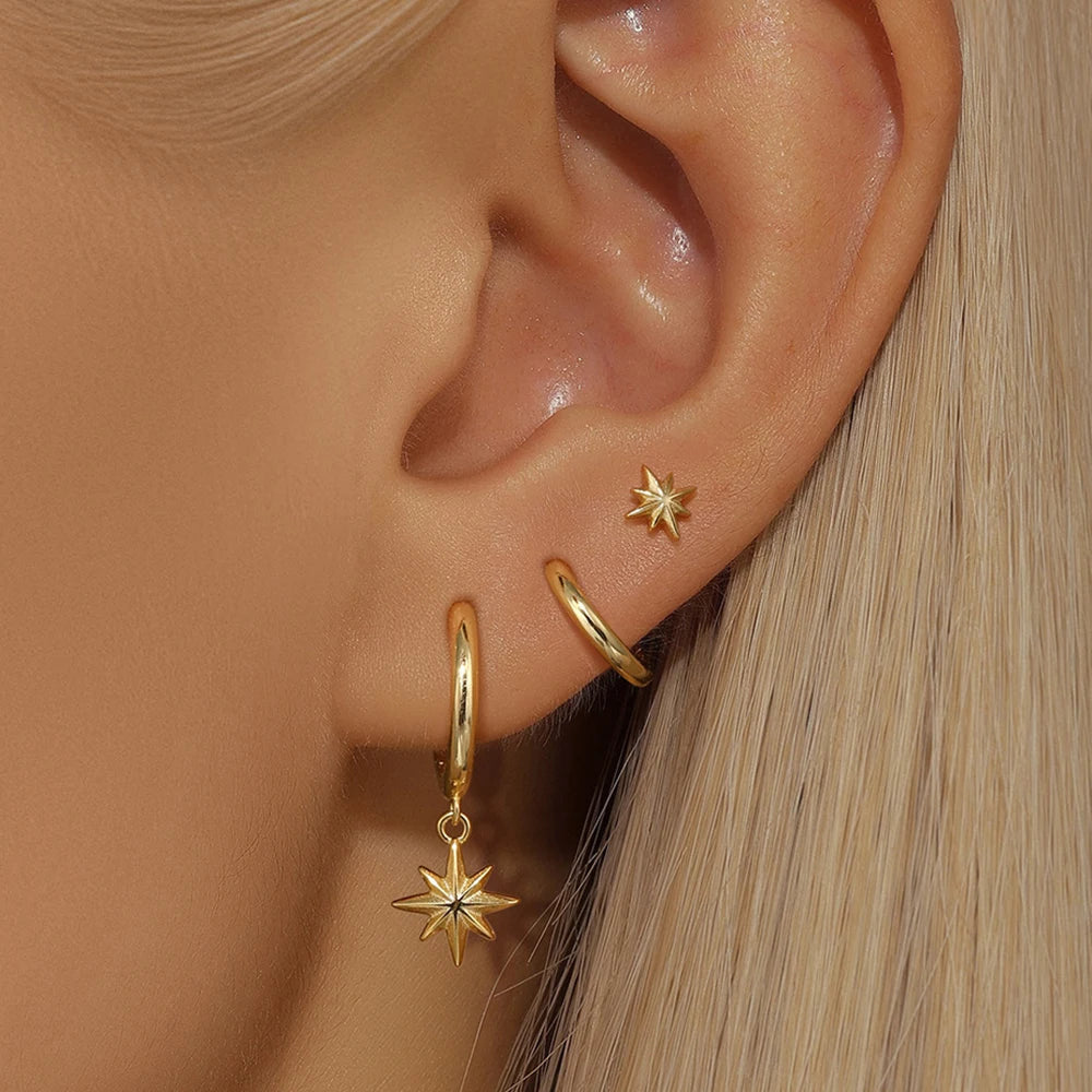 Set de 3 boucles d’oreilles étoile – Acier inoxydable plaqué or 18K
