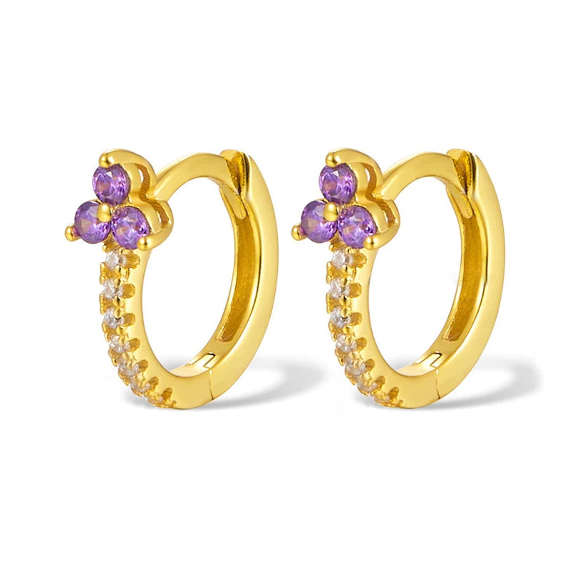 Boucles d’oreilles créoles rondes plaqué or 18K avec fleurs en zircon multicolores