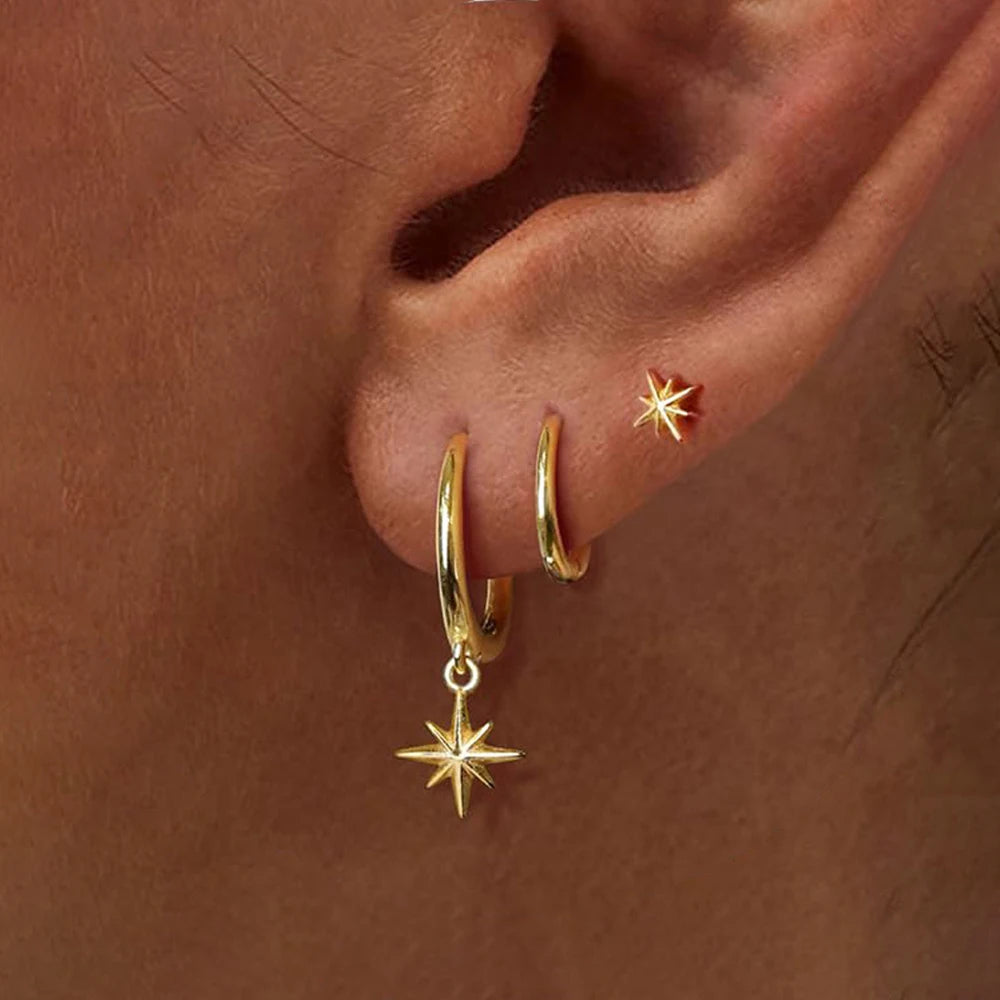 Set de 3 boucles d’oreilles étoile – Acier inoxydable plaqué or 18K