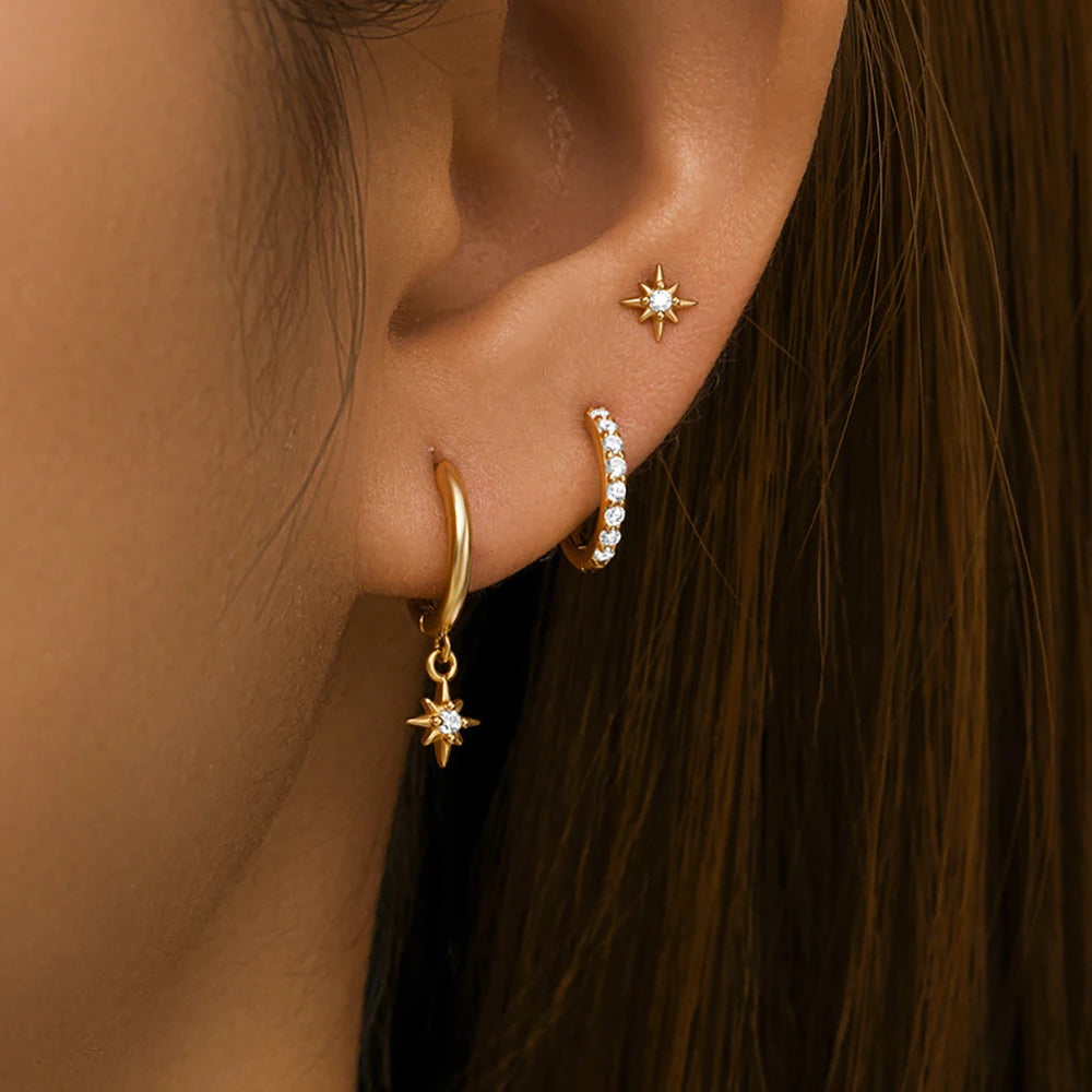 Set de 3 boucles d’oreilles étoile – Acier inoxydable plaqué or 18K