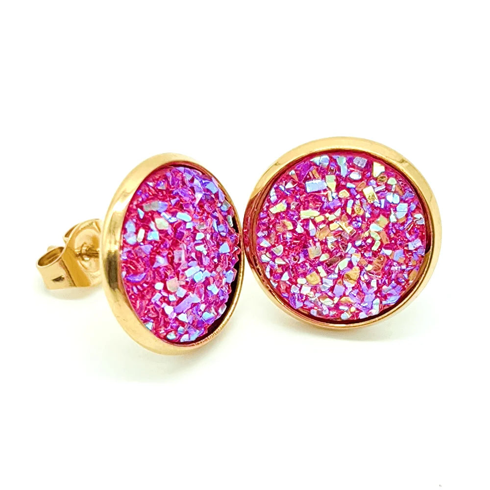 ✨Boucles d’oreilles plaquées or avec pierre druzy artificielle – Acier inoxydable✨