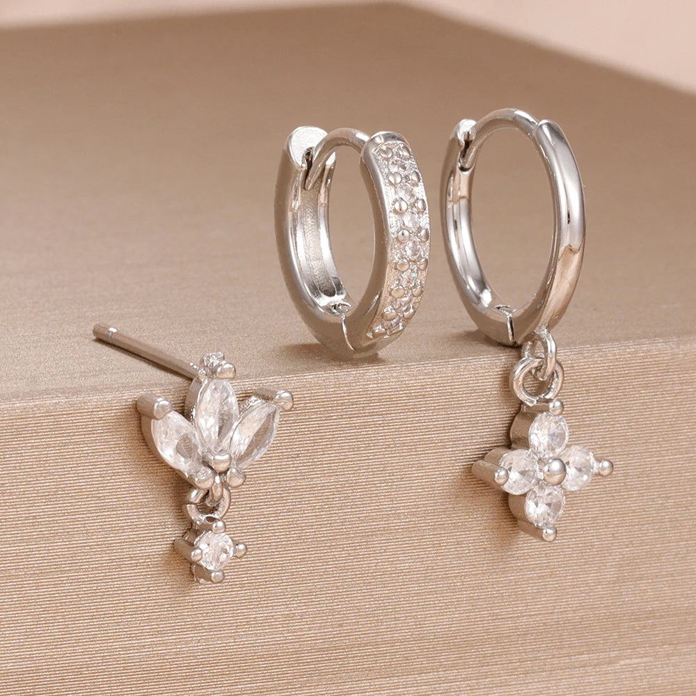 ✨ Lot de 3 boucles d’oreilles pendantes – Zircons et acier inoxydable✨