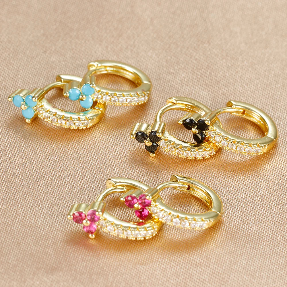 Boucles d’oreilles créoles rondes plaqué or 18K avec fleurs en zircon multicolores