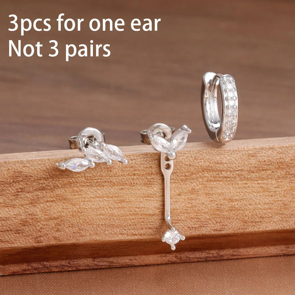 Lot de 3 paires de boucles d’oreilles clous en zircon – Acier inoxydable – Style unique punk rock unisexe