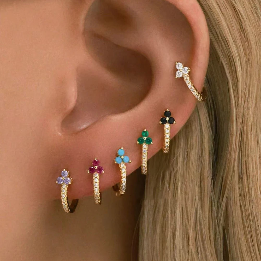 Boucles d’oreilles créoles rondes plaqué or 18K avec fleurs en zircon multicolores