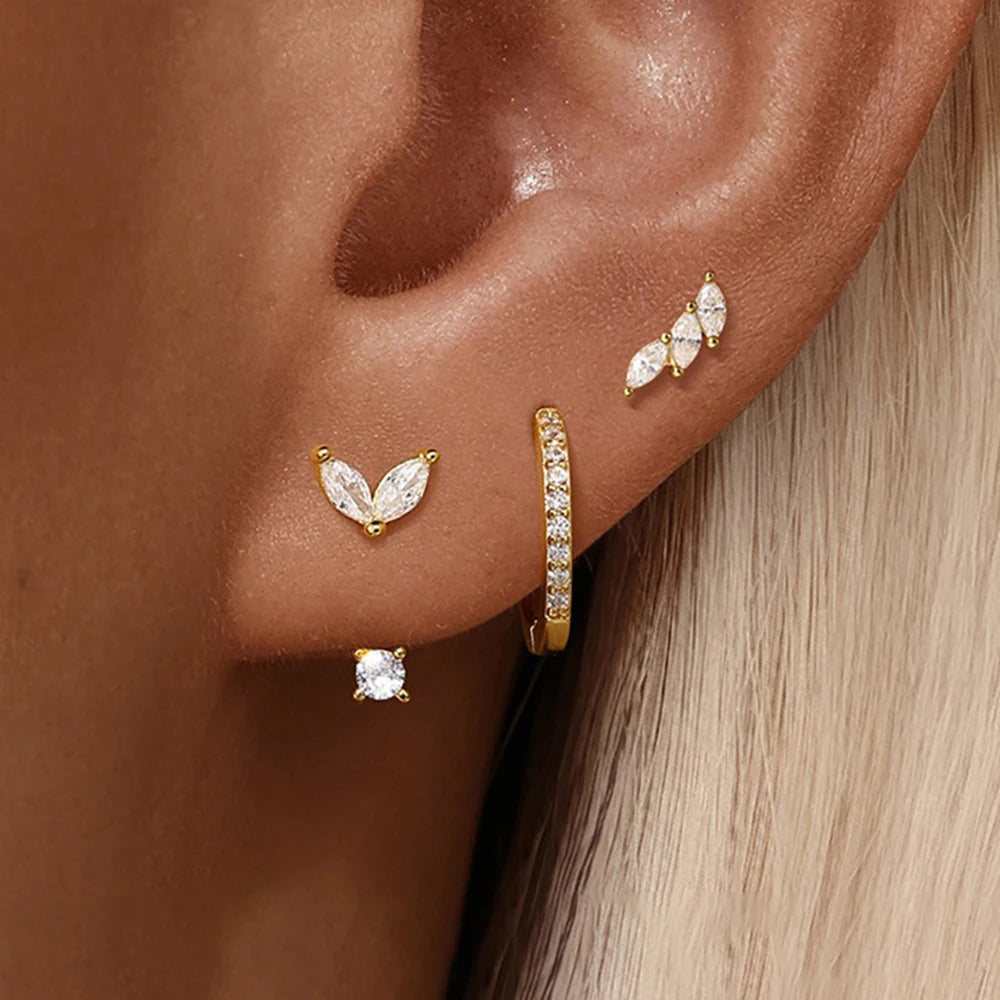 Lot de 3 paires de boucles d’oreilles clous en zircon – Acier inoxydable – Style unique punk rock unisexe