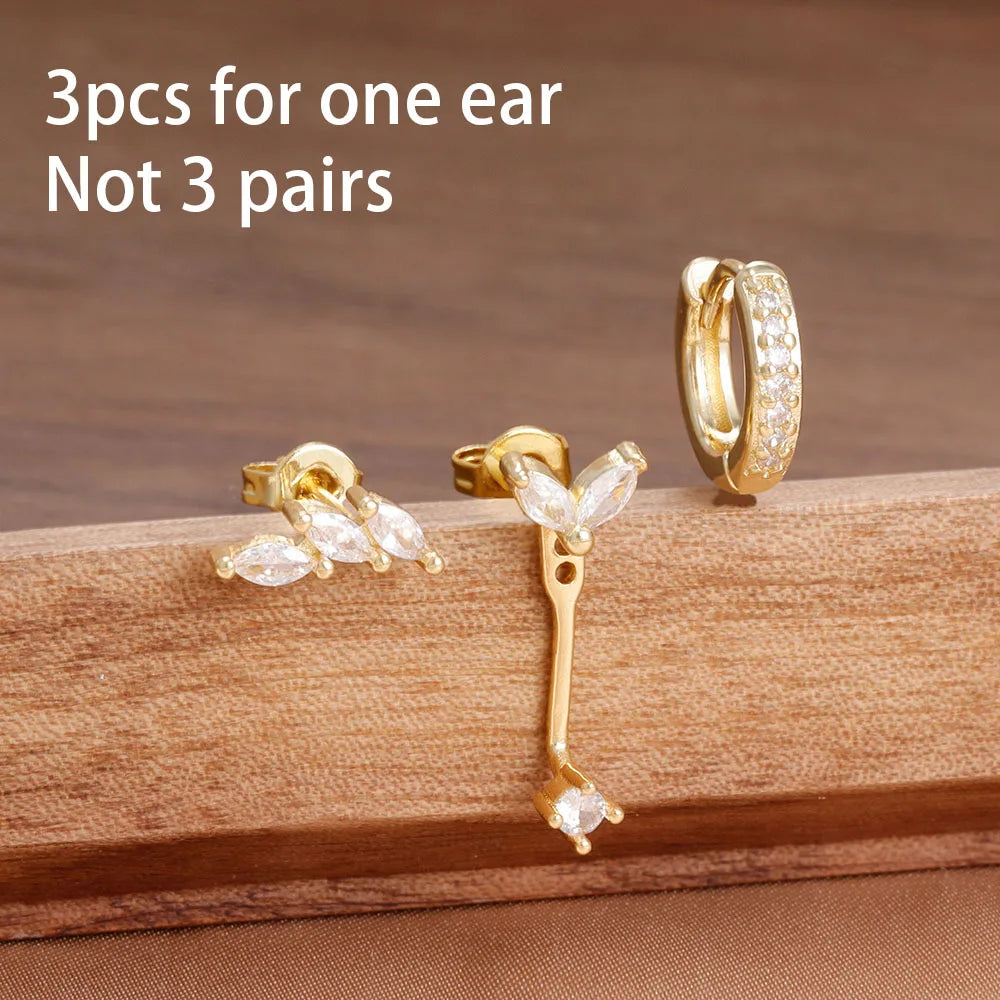 Lot de 3 paires de boucles d’oreilles clous en zircon – Acier inoxydable – Style unique punk rock unisexe