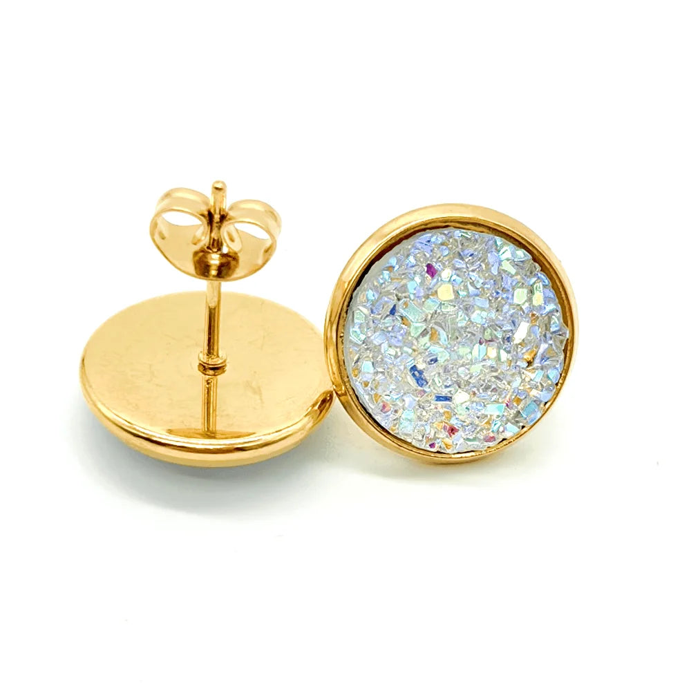✨Boucles d’oreilles plaquées or avec pierre druzy artificielle – Acier inoxydable✨