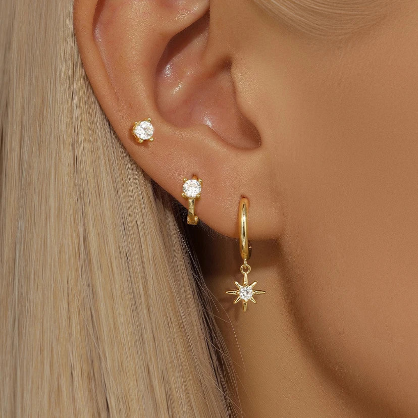 Set de 3 boucles d’oreilles étoile – Acier inoxydable plaqué or 18K