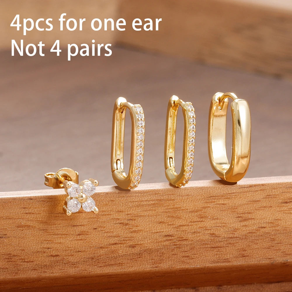 ✨ Lot de 4 boucles d’oreilles créoles en U pour femme – Acier inoxydable, zircon brillant✨