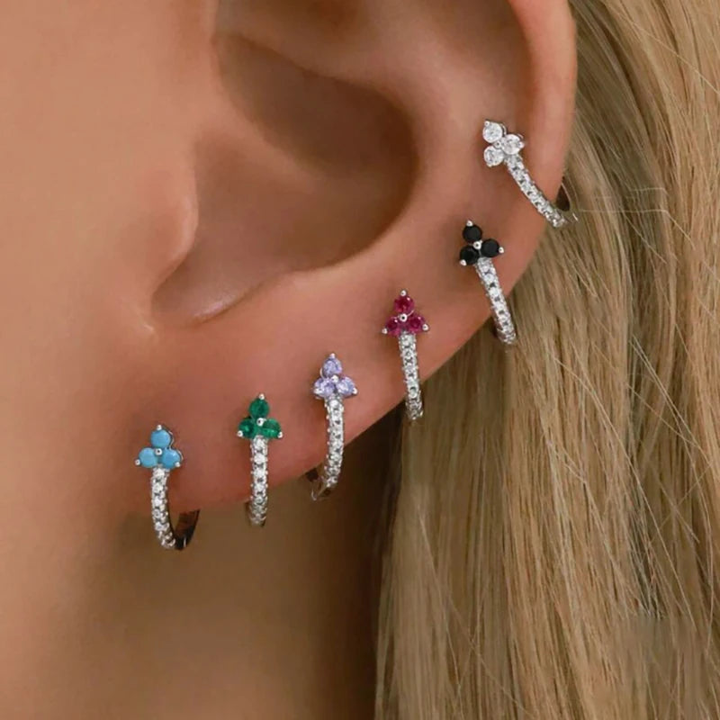 Boucles d’oreilles créoles rondes plaqué or 18K avec fleurs en zircon multicolores