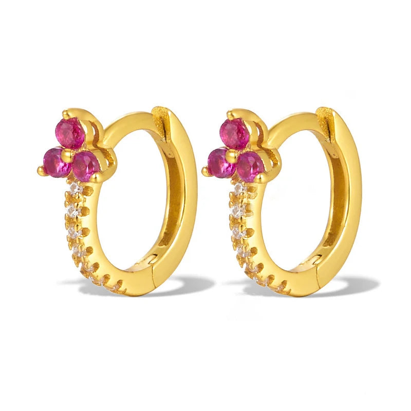 Boucles d’oreilles créoles rondes plaqué or 18K avec fleurs en zircon multicolores