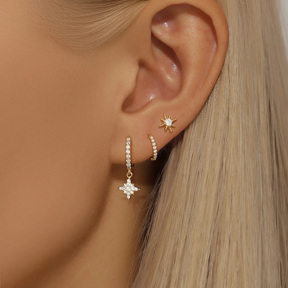 Set de 3 boucles d’oreilles étoile – Acier inoxydable plaqué or 18K