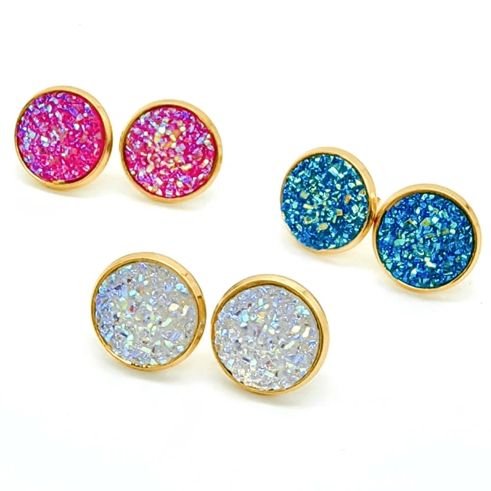 ✨Boucles d’oreilles plaquées or avec pierre druzy artificielle – Acier inoxydable✨