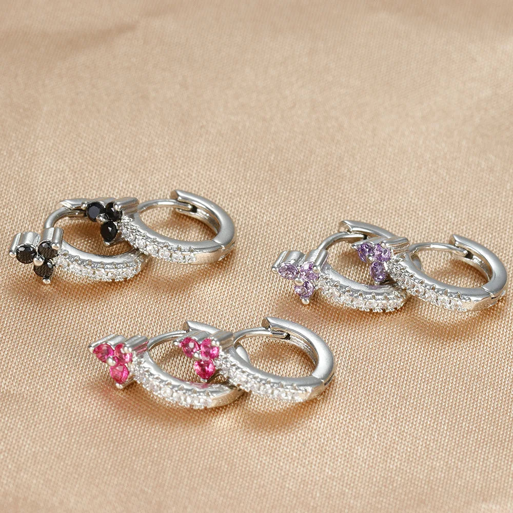 Boucles d’oreilles créoles rondes plaqué or 18K avec fleurs en zircon multicolores