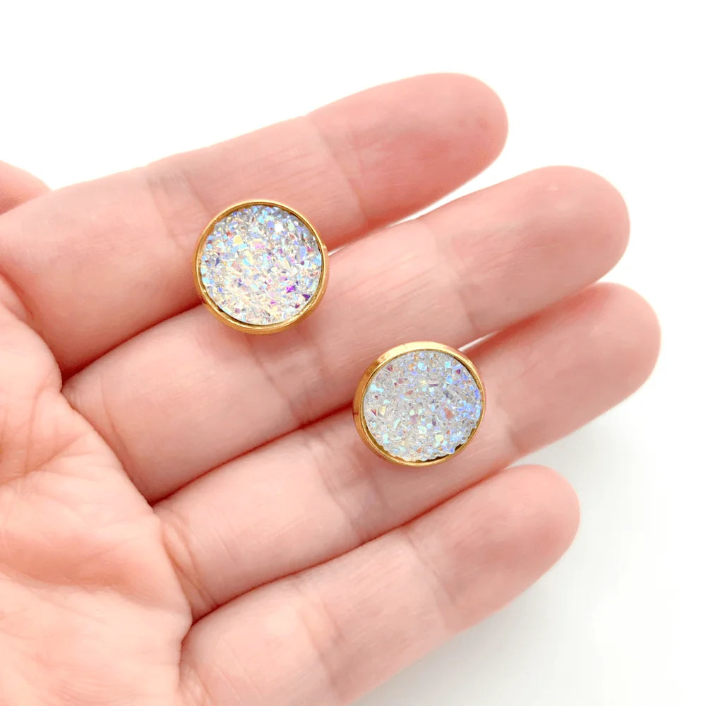 ✨Boucles d’oreilles plaquées or avec pierre druzy artificielle – Acier inoxydable✨