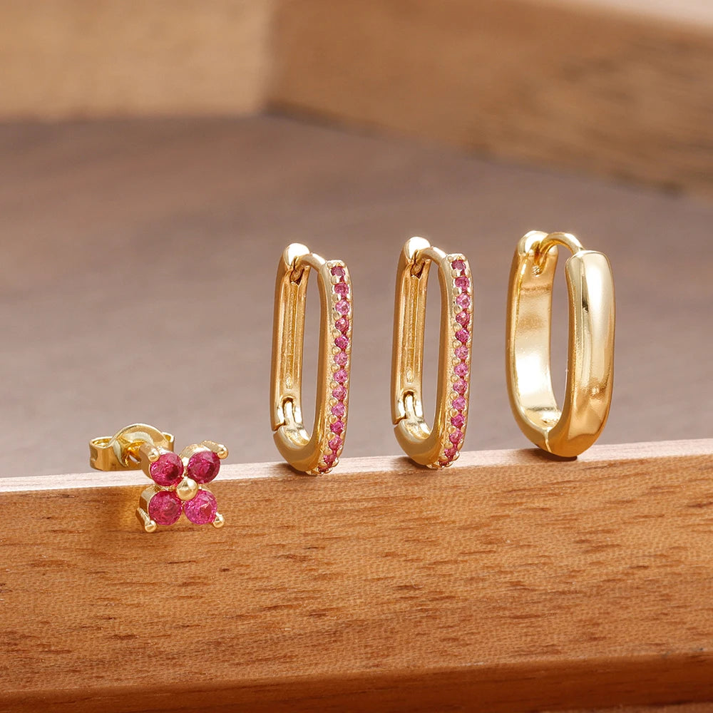 ✨ Lot de 4 boucles d’oreilles créoles en U pour femme – Acier inoxydable, zircon brillant✨