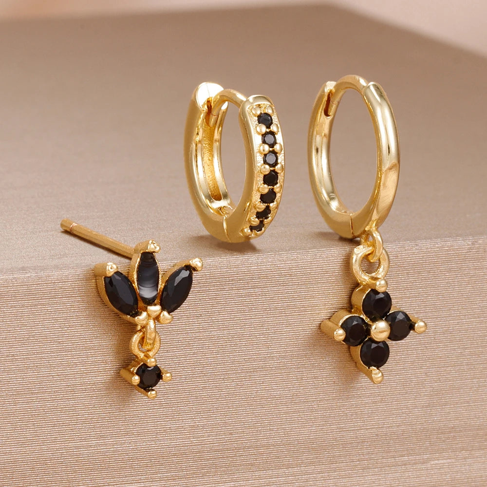 ✨ Lot de 3 boucles d’oreilles pendantes – Zircons et acier inoxydable✨