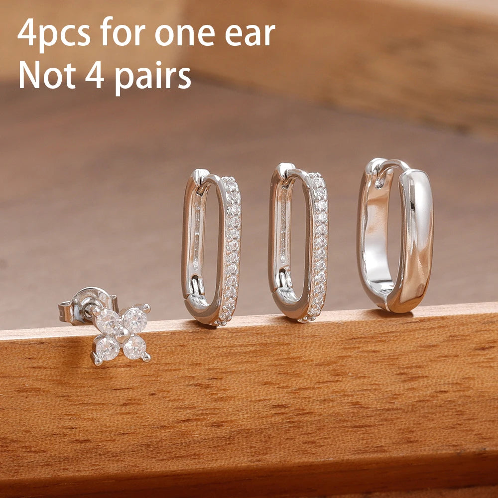 ✨ Lot de 4 boucles d’oreilles créoles en U pour femme – Acier inoxydable, zircon brillant✨